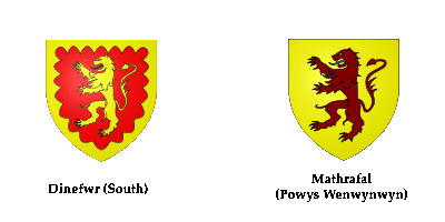Heraldic crest of the House of Dinefwr (yellow lion on red background) and that of the House of Mathrafal (red lion on yellow background)