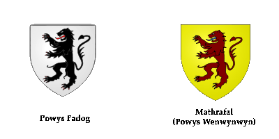 Heraldic crest of the Powys Fadog (black lion on red background) and that of the House of Powys wenwynwynn (red lion on yellow background)