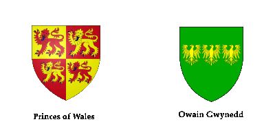 Heraldic Crest of the Prince of Wales (quartered, red and yellow backgrounds alternating, with yellow and red lions) and that of Owain Gwynedd (three yellow spread eagles against a green background)